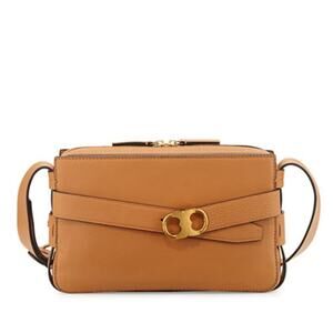Tory Burch Gemini Peanut Brown Leather Logo Link Belted Camera Crossbody Bag
